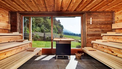 Holzsauna mit Fenster und Blick auf grüne Landschaft und Berge