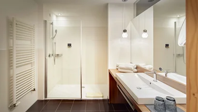 Moderner Badezimmerinnenraum mit Dusche und Waschbecken